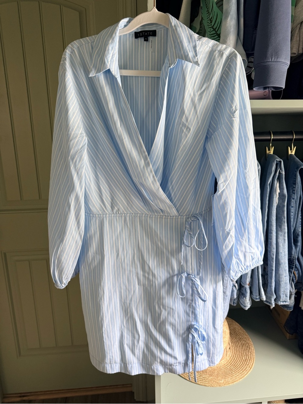 1. STATE Light Blue & White Striped Wrap Mini Dress